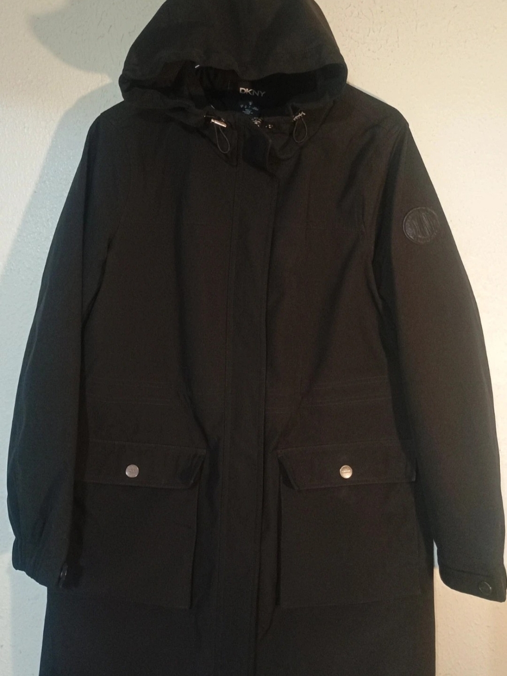 DKNY Black Hooded Parka Trench Coat Size M Waterproof